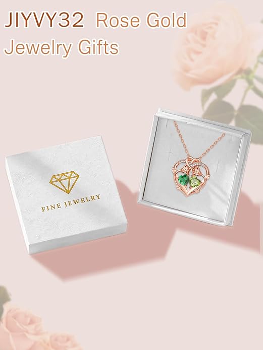 Rose Gold Necklaces for Women Double Birthstone Rose Flower Heart Pendant Necklace Jewelry Anniversary Christmas Valentine's Mother's Day Birthday Gift for Wife Mom Her Girlfriend Sister