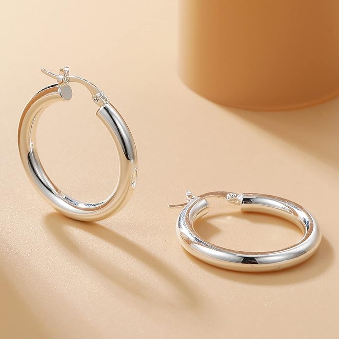 4mm Thick Gold Chunky Earrings Steling Silver Post Hoops Earrings For Women Hollow Tube Hoops Earrings Thick Gold Hoop Earrings Hypoallergenic Lightweight Gold Hoop Large Earrings 20/30/40/50/60MM
