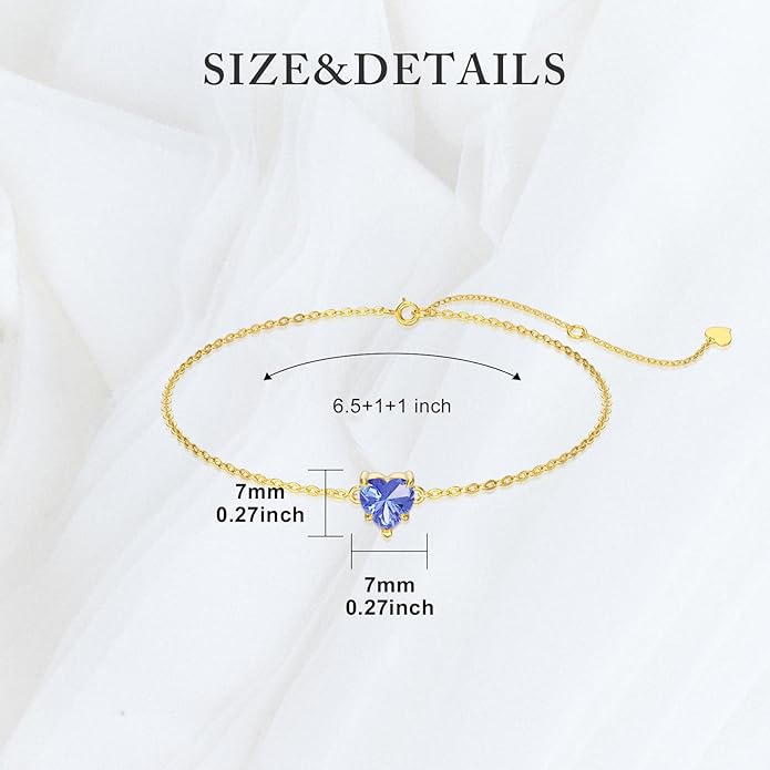 14k Gold Love Heart Gemstone Bracelet for Women,7MM Heart-cut Created Birthstone Anniversary Birthday Mother's Day Bracelets Jewelry for Mom Her 6.5''+2''