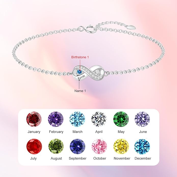 BABOOM Personalized Birthstone Bracelet for Mom Custom Infinity Name Bracelets with 1-8 Birthstones Jewelry Mothers Day Gifts for Women Mother Wife Grandma