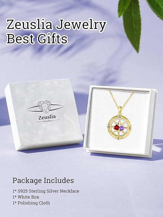 Zeuslia Double Birthstone Necklace Gifts for Wife - 925 Sterling Silver Sunflower/Rose/Crown Cross/Compass/Heart Pendant I Love You Necklace, Anniversary Birthday Gifts for Wife Girlfriend Mom Her