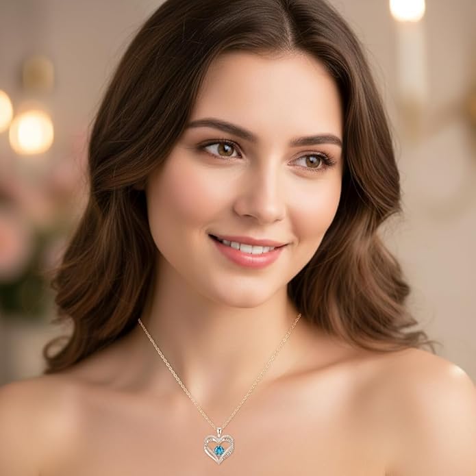 Birthstone Heart Necklace for Women Wife Girlfriend Mom Daughter Gifts S925 Silver Jewelry For Anniversary Rose Gold Gifts For Birthday Christmas Mothers Valentines Day