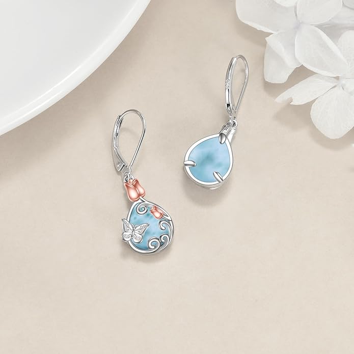 AOBOCO Butterfly/Dragonfly/Bee/Ladybug Leverback Earrings 925 Sterling Silver Rose Lotus Tulip Flower Filigree Dangle Earrings Teardrop Moonstone Larimar Turquoise Abalone Shell Jewelry Birthday Gifts for Women