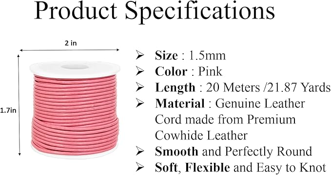 GENIQUE Real/Genuine Round Leather String Cord for Necklace, Bracelets, Jewelry, Kumihimo Braiding, DIY Projects (20 Metres) (1.5mm, Pink)