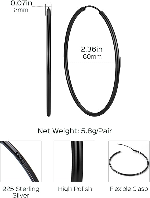 ChicSilver Hypoallergenic 925 Sterling Silver Hoop Earrings for Women, Lightweight Large Gold Plated Hoop Earrings, Endless Hoops Earring 20/30/40/50/60/70MM