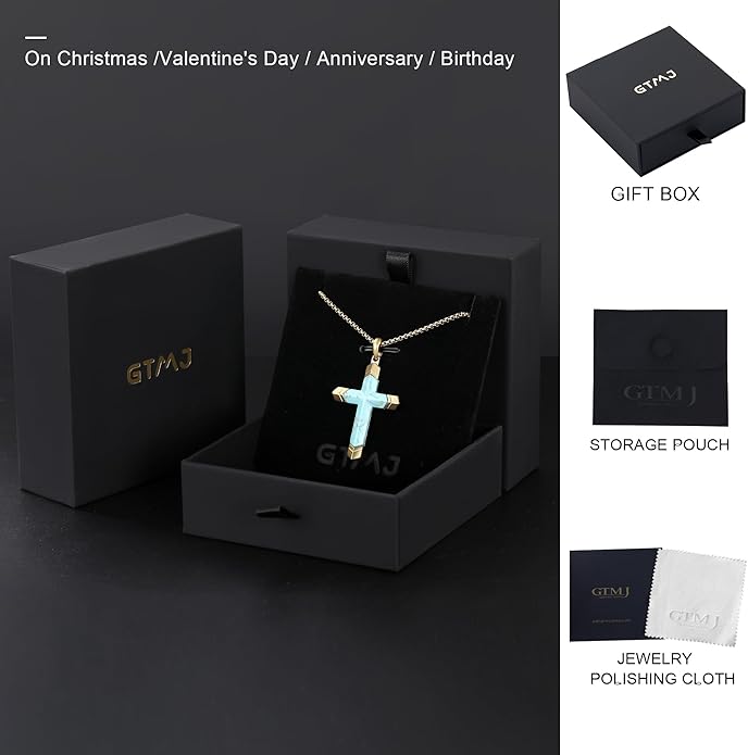 GTMJ Cross Necklace for Men -Stainless Steel & Gemstone Adjustable Box Chain 24-26in, Spiritual Jewelry Gift for Him, Everyday Wear