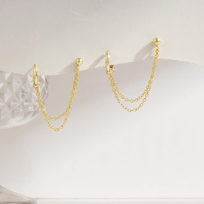 Freekiss Gold Chain Studs Earrings for Women Trendy: Hypoallergenic 14K Gold Plated Dangle Earrings Dainty Small Long Chain Earring Set Fashion Gold Jewelry for Women