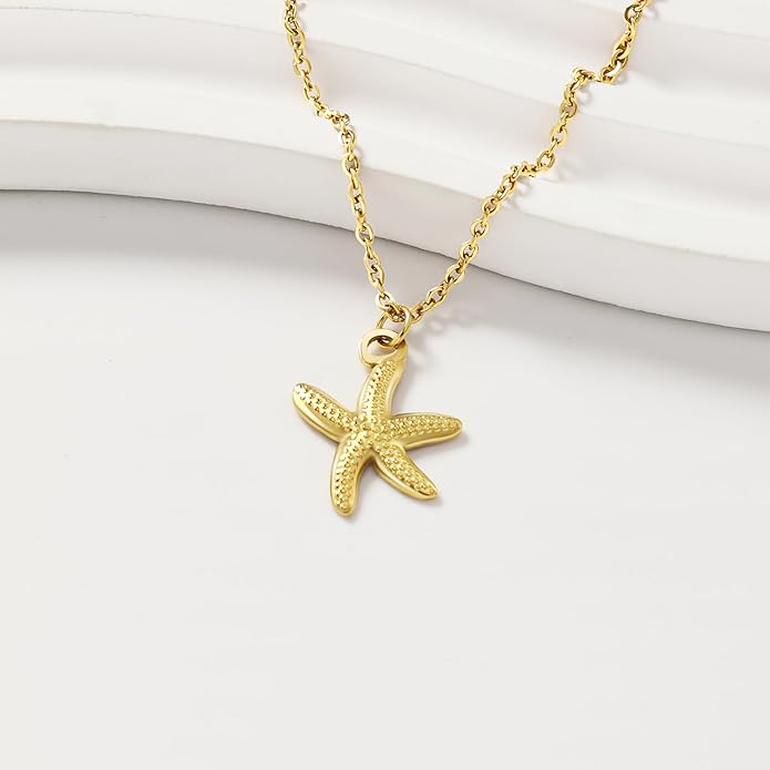 Shell Necklace for Women,14k Gold Plated Layered Starfish Conch SeaShell Pearl Pendant Charm Necklace,Non Tarnish Adjustable Stainless Steel Chain Stack Jewerly for Summer Beach Vacation