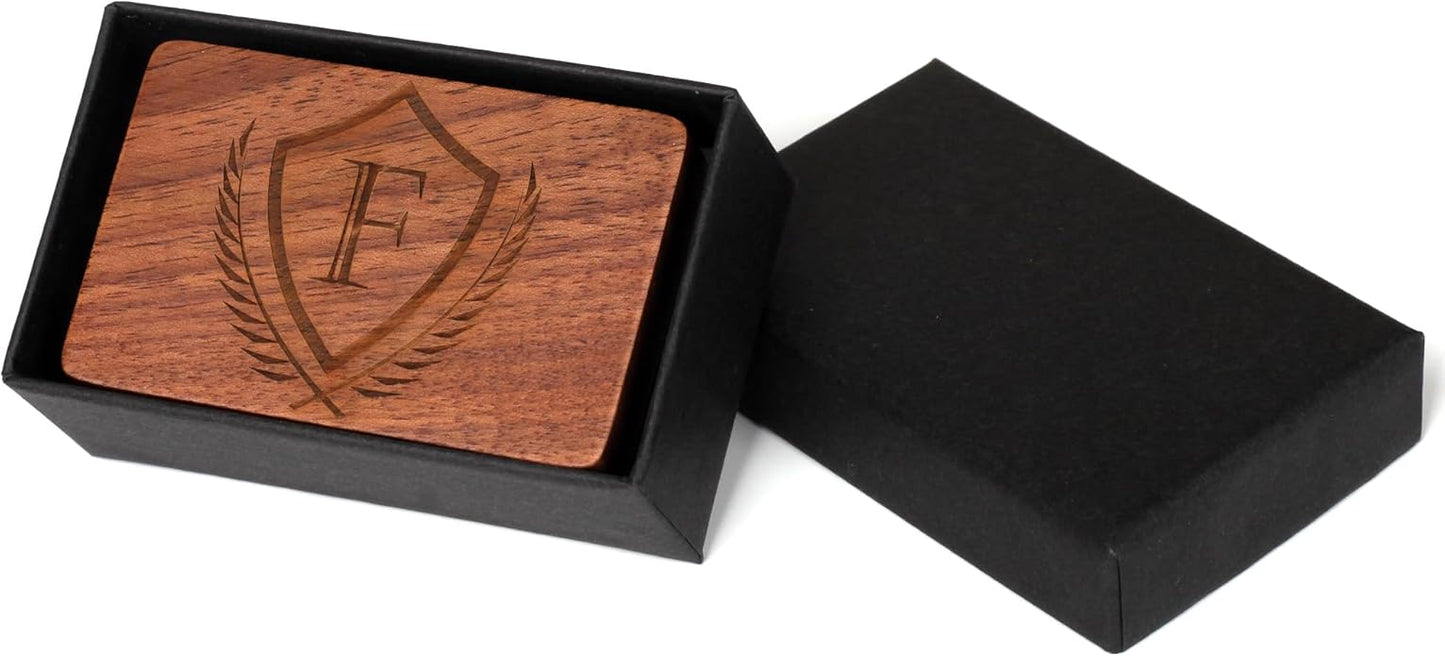 Mens Initial Cufflinks and Tie Clip A-Z Alphabet Letter Black Stainless Cuff Links Tie Bar with Engraved Walnut Wood Box Groom Groomsman Wedding Set