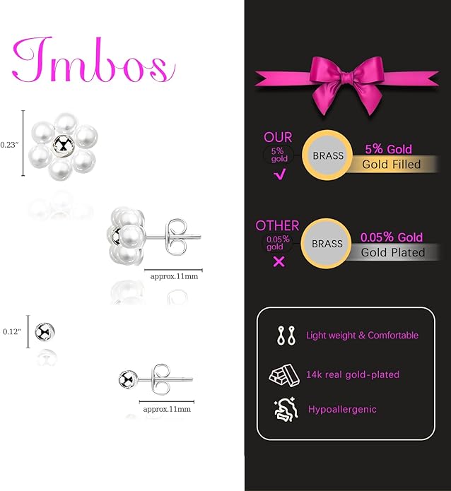 IMBOS Pearl Earrings 14k Gold Plated Daisy Flower Stud Earrings for Women Ball Stud Flat Back Earring Hypoallergenic Statement Earring Trendy Jewelry Gift for Women