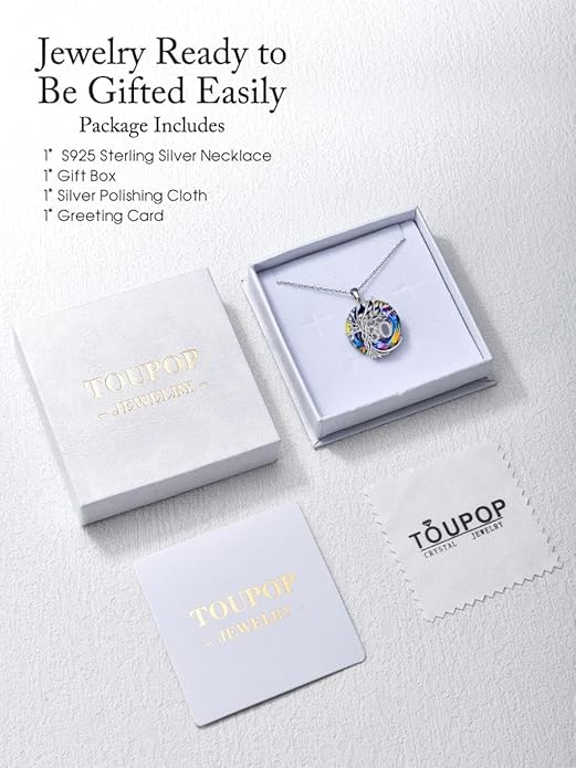 TOUPOP Birthday Gifts for Women 925 Sterling Silver Tree of Life Year Old Necklace Circle Crystal Jewelry Christmas Gifts for Her Wife Mom Mother Grandma Grandmother