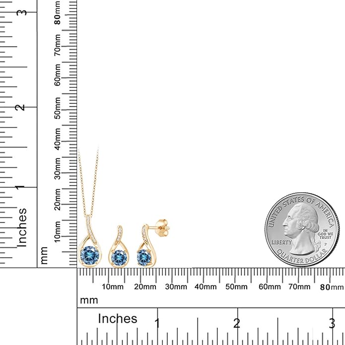 Gem Stone King 18K Yellow Gold Plated Silver Round Gemstone Birthstone and Diamond Pendant Earrings Jewelry Set For Women | Round 6MM and 5MM | With 18 Inch Chain