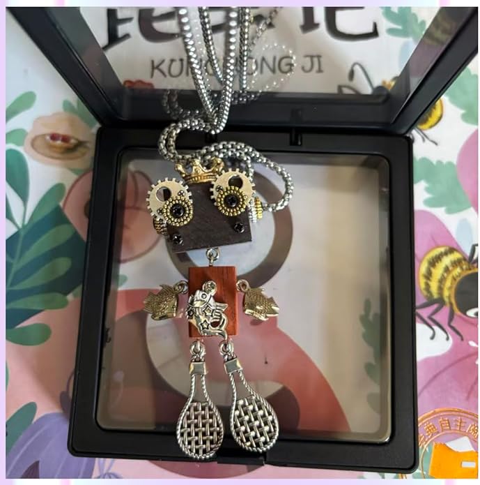 Steampunk Wooden Robot Pendant Necklace, Handmade Punk Style Pendant Zodiac Necklace for Men Women,Creative Birthday Gift