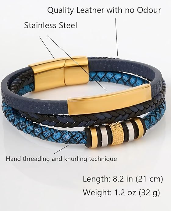 Italian Handmade Genuine Leather Bracelets for Men Stainless Steel Clip, Men's Casual Genuine Multi-layer Cuff Bracelet, Bracelet Gift for Real Men
