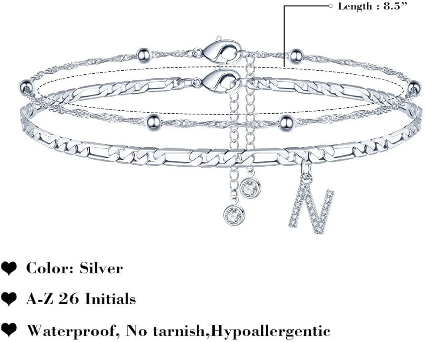 Ursteel Ankle Bracelets for Women, 14K Gold Plated Dainty Layered Chain CZ Initial Anklets Summer Jewelry Gifts for Women