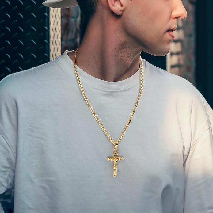 Gold Cross Necklace for Men 14K Gold Cross Necklace for Men Crosses Chain Necklaces for Mens Paired with 4.3mm Cuban Chain Crucifix Pendant Mens Crosses Necklaces 20/22/24in