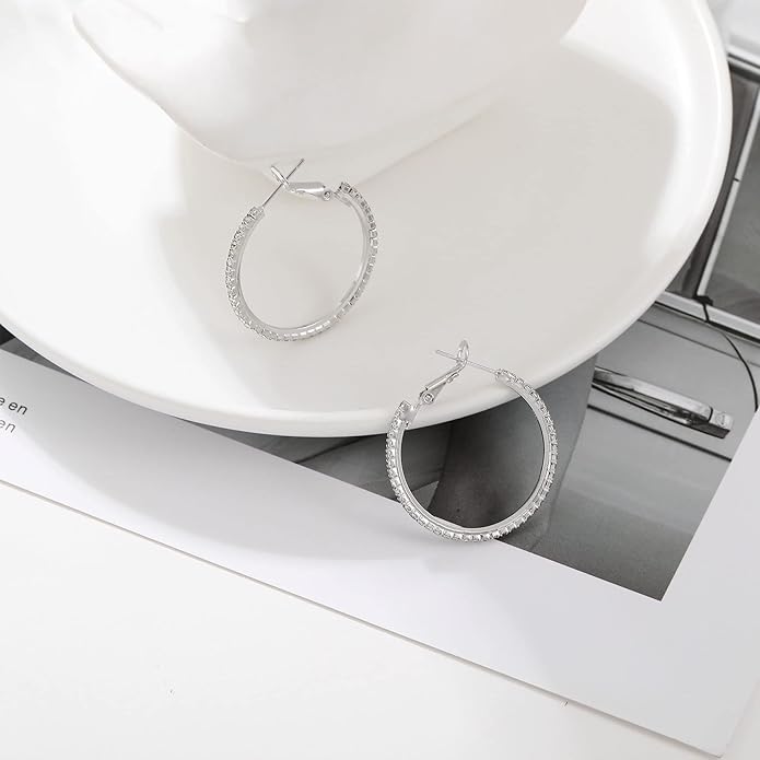 925 Sterling Silver Earrings Large Rhinestone Hoop Earrings Big Cubic Zirconia Hoop Earrings Thin Rhinestones Round Hoop Earrings for Women 20/30/40/50/60/70mm Sparkly Hoops With Crystals for Womens