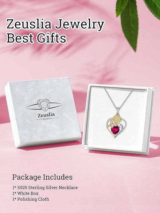 Zeuslia Double Birthstone Necklace Gifts for Wife - 925 Sterling Silver Sunflower/Rose/Crown Cross/Compass/Heart Pendant I Love You Necklace, Anniversary Birthday Gifts for Wife Girlfriend Mom Her