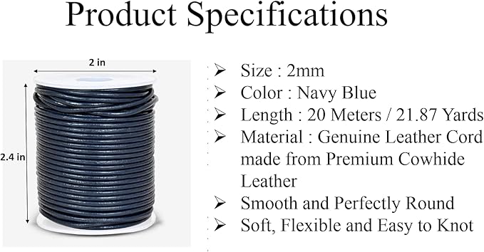 GENIQUE Real/Genuine Round Leather String Cord for Necklace, Bracelets, Jewelry, Kumihimo Braiding, DIY Projects (20 Metres) (2mm, Navy Blue)