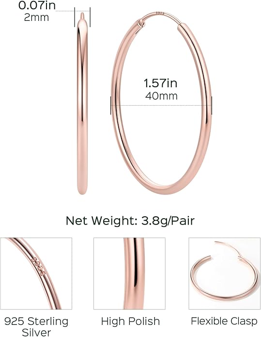 ChicSilver Hypoallergenic 925 Sterling Silver Hoop Earrings for Women, Lightweight Large Gold Plated Hoop Earrings, Endless Hoops Earring 20/30/40/50/60/70MM