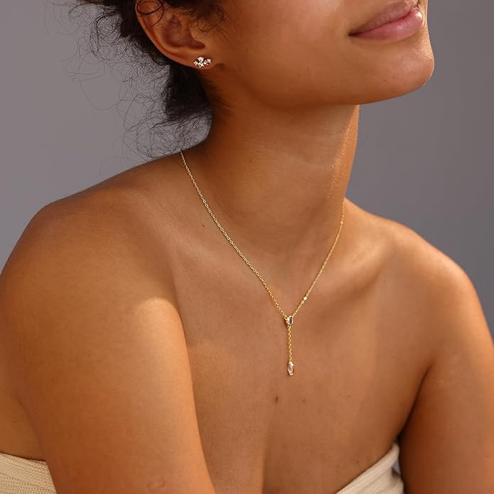 Gold Necklace for Women, Dainty Gold Long Necklaces 14k Gold Plated Prom Bar CZ Lariat Necklace Simple Choker Necklaces for Women Trendy Boho Fashion Costume Jewelry Womens