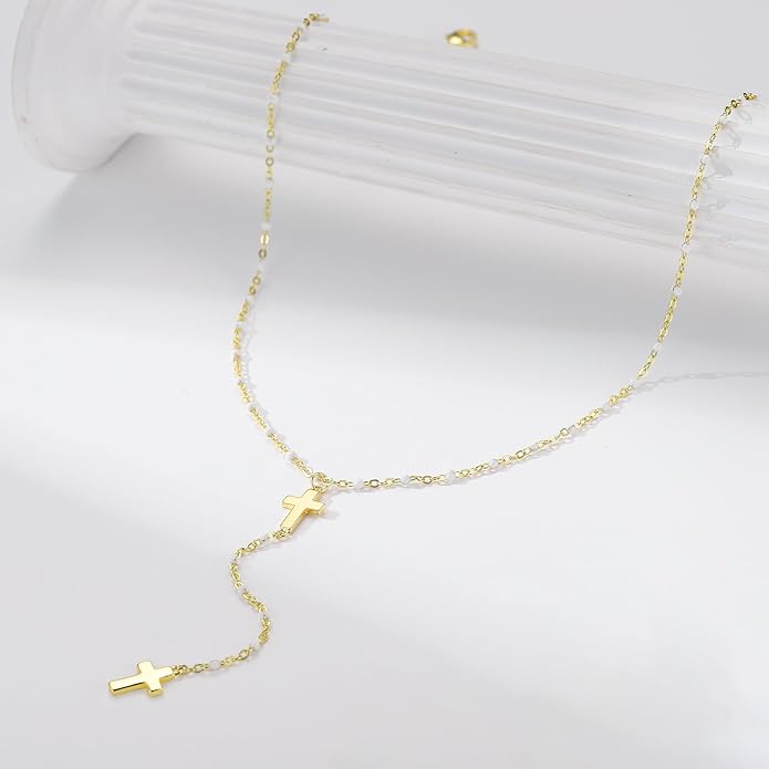 M MOOHAM Gold Lariat Necklace for Women - Dainty 14K Gold Plated Y-Shaped Long Drop Necklace Pearl Cross Clover Butterfly Cubic Zirconia Charm Layered Necklaces for Women Simple Jewelry Gifts