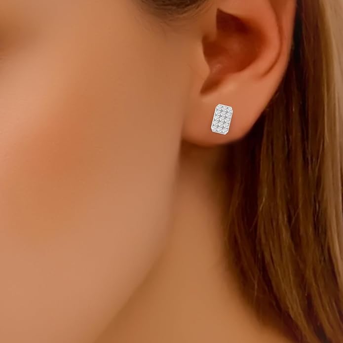 WHY SO SILVER INC 0.24 Ctw Natural Diamond Pavé-Set Square Stud Earrings for Women | 925 Sterling Silver | Color I-J, Clarity I2-I3 | Fine Jewelry Gift Box Included