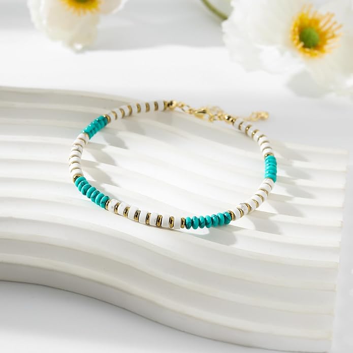 XIJIN Natural Stone Beaded Anklets for Women Handmade Beach Boho Turquoise Beads Ankle Bracelet Jewelry Gift for Her