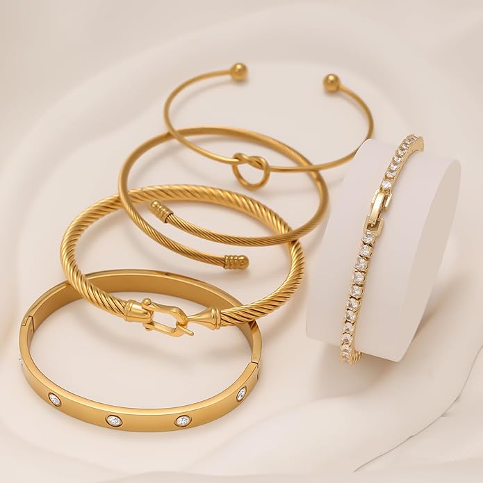 FAFUGA 18 K Gold Plated Love Bangle Bracelet Stack Cuff Jewelry for Women Jewelry Set for Women Gift with Box