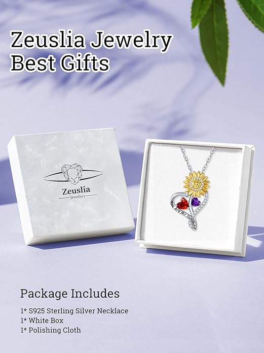 Zeuslia Double Birthstone Necklace Gifts for Wife - 925 Sterling Silver Sunflower/Rose/Crown Cross/Compass/Heart Pendant I Love You Necklace, Anniversary Birthday Gifts for Wife Girlfriend Mom Her