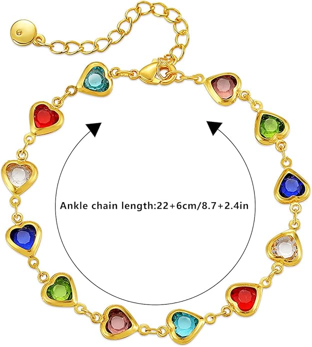 18K Gold Plated Anklet for Women Multicolor Crystal Ankle Bracelets Boho Adjustable Chain Anklets
