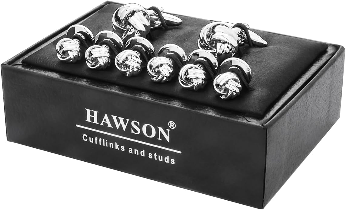 HAWSON Knot Cufflinks and Shirt Studs for Men in Gold or Silver Tone, Matching with White and Black Tuxedo, Suitable for Wedding Day or Formal Occasion.