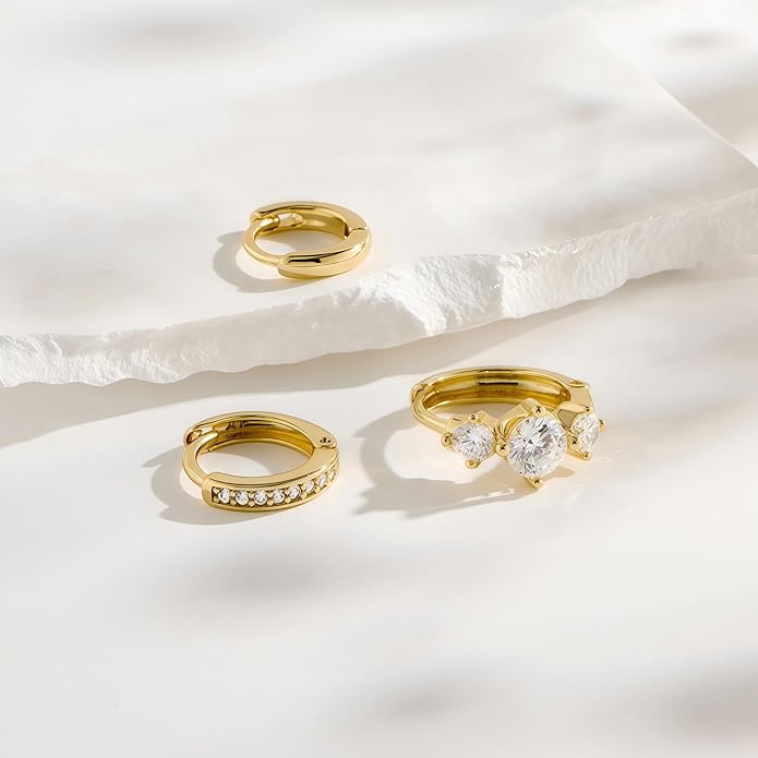 3Pairs Small Gold Huggie Hoop Earrings for Women,Romantic heart,Twisted braid two colors,3 CZ Hoop,5 Round Zircon Sport Hoops Earrings Set,14K Gold Filled Silver Hypoallergenic Earring Excellent gift