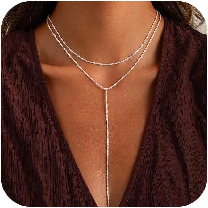 Gold and Silver Plated Layered Long Necklace for Women, Statement Y Body Chain, Sexy Dangle Drop Beach Boho Bolo Cleavage Necklace for Vacation or Prom