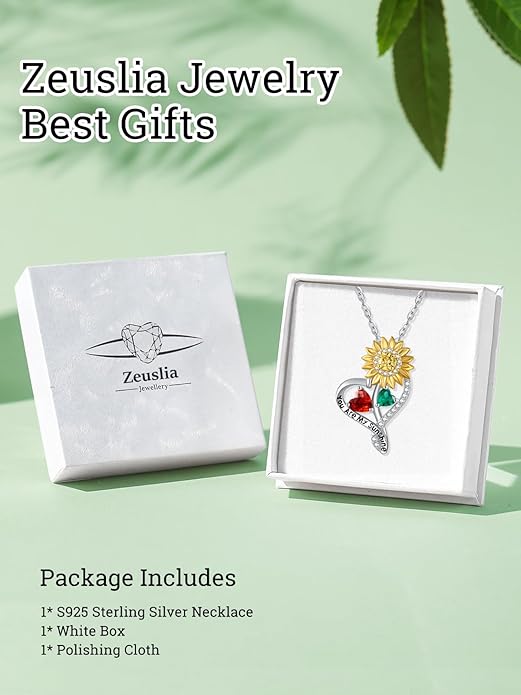 Zeuslia Double Birthstone Necklace Gifts for Wife - 925 Sterling Silver Sunflower/Rose/Crown Cross/Compass/Heart Pendant I Love You Necklace, Anniversary Birthday Gifts for Wife Girlfriend Mom Her