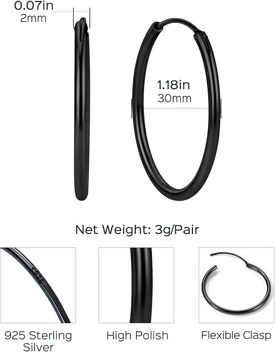 ChicSilver Hypoallergenic 925 Sterling Silver Hoop Earrings for Women, Lightweight Large Gold Plated Hoop Earrings, Endless Hoops Earring 20/30/40/50/60/70MM