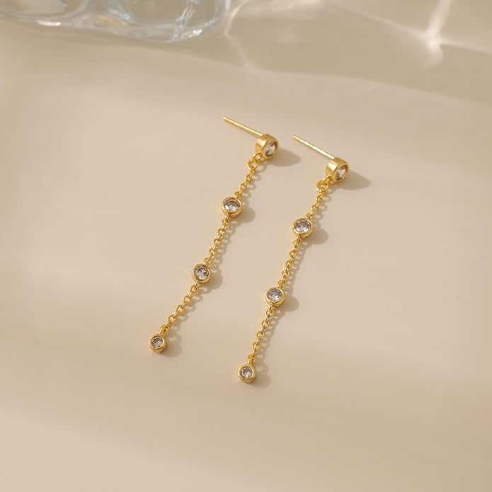 Gold Earrings for Women,Dainty 14k Gold Plated Pearl Drop Earring Dangle Pearl Dangling Earrings for Women Trendy Small Cute Wedding CZ Earring Long Chain Threader Prom Jewelry Gifts