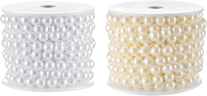 Half-Round Flat Pearl Bead Garland String 10MM 11 Yards, Pearl Beaded Spool Roll Crafts for Wedding Party Decoration (Ivory)