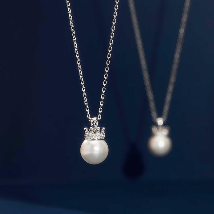 Pearl Necklace for women,10mm Single pearl Necklace, Silver Princess Crown Pearl Pendant Dainty Jewelry Gift for Wife, Mom,Girlfriend,Anniversary, Birthday,Valentine’s Day