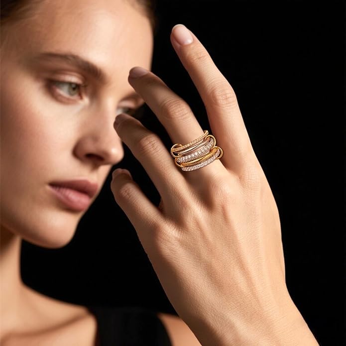 14K Gold Plated Interlocked Stackable Rings for Women Non Tarnish,Gold and Silver Cubic Zirconia Statement Rings Set,Mixed Metals Ring Two-Toned Connected Bands Stacking Jewelry