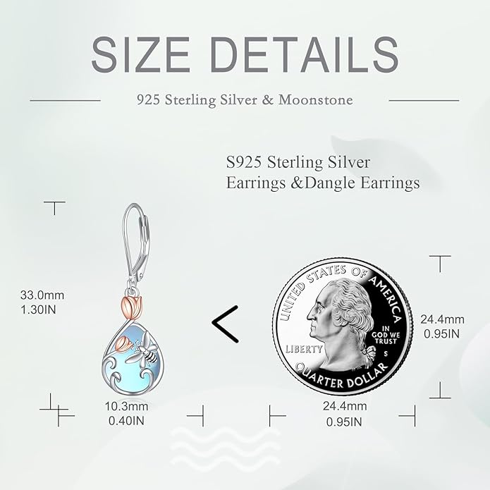 AOBOCO Butterfly/Dragonfly/Bee/Ladybug Leverback Earrings 925 Sterling Silver Rose Lotus Tulip Flower Filigree Dangle Earrings Teardrop Moonstone Larimar Turquoise Abalone Shell Jewelry Birthday Gifts for Women