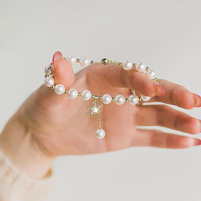Cowlyn Pearl Bracelets for Women - Dainty 14K Gold Plated Beaded Pearl Link Chain Birthday Christmas Jewelry Gifts for Women