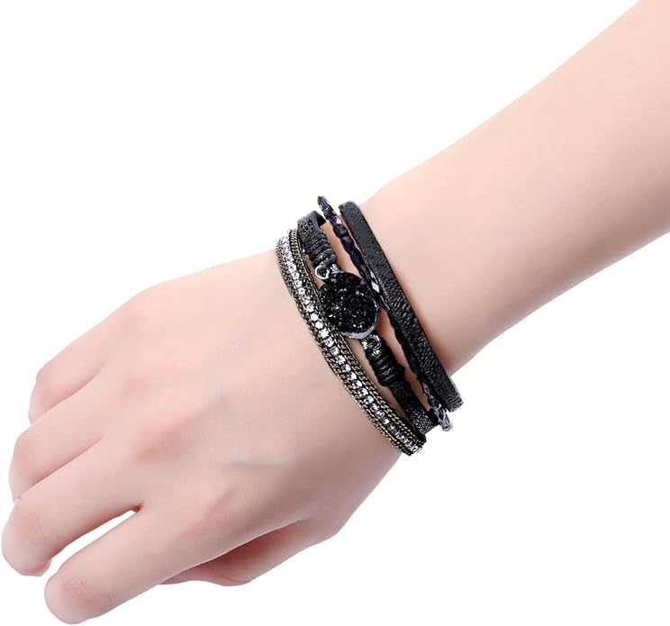 Fesciory Leopard Bracelet for Women, Boho Leather Wrap Multi-Layer Pearl Crystal Bracelet Bangle Jewelry