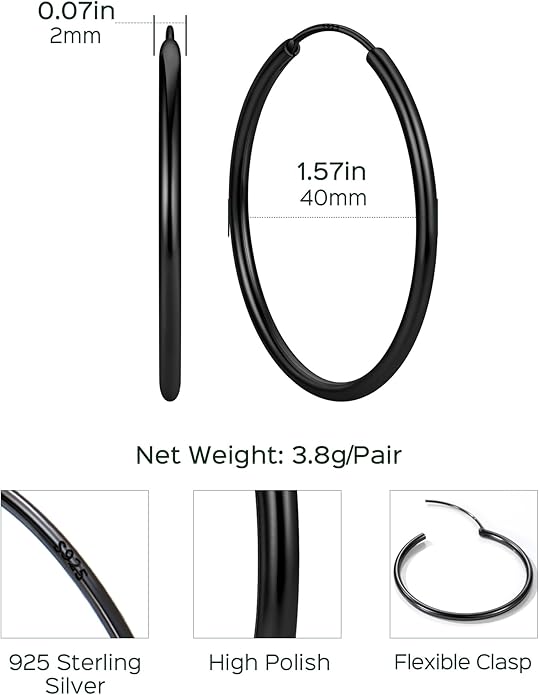 ChicSilver Hypoallergenic 925 Sterling Silver Hoop Earrings for Women, Lightweight Large Gold Plated Hoop Earrings, Endless Hoops Earring 20/30/40/50/60/70MM