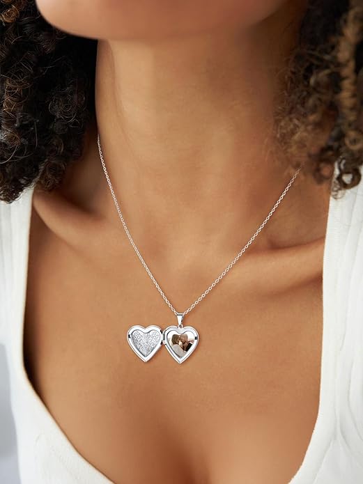 U7 Women Locket Necklace Platinum 14K Gold Photo Lockets that Hold Picture,Chain 20 Inch Personalized Gift Custom Love Heart Image Necklaces