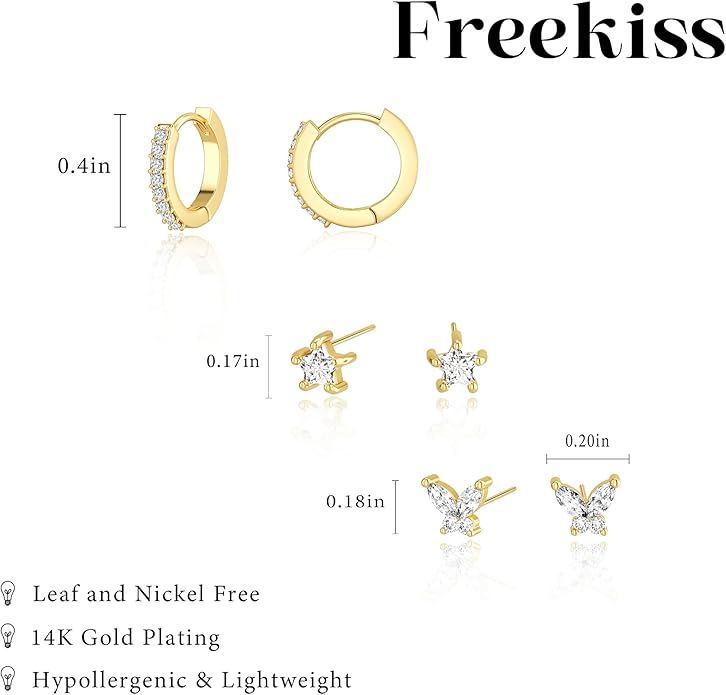 Freekiss 3 Pairs Gold Hoop Earrings Set: Dainty Stud Earrings Trendy Small 14K Gold Plated Hypoallergenic Dangle Cartilage Huggie Hoop Earrings for Women Gold Jewelry for Women Gifts