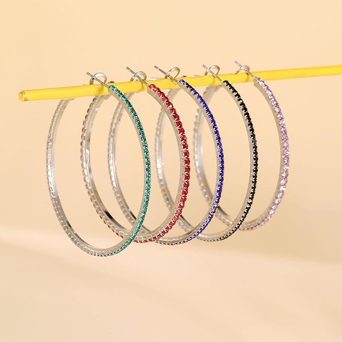 925 Sterling Silver Earrings Large Rhinestone Hoop Earrings Big Cubic Zirconia Hoop Earrings Thin Rhinestones Round Hoop Earrings for Women 20/30/40/50/60/70mm Sparkly Hoops With Crystals for Womens