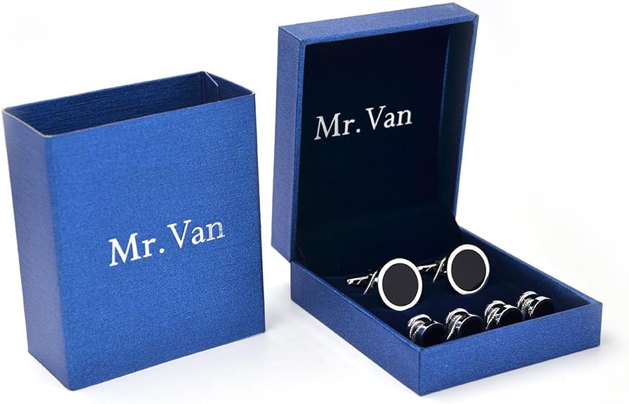Men's Black Onyx Cufflink & Tuxedo Shirt Stud Set, 16mm Rhodium-Plated Brass, Elegant Gift Box