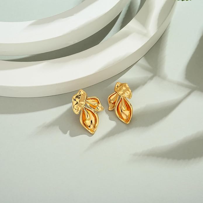 Chunky Gold Statement Earrings For Women Gold Plated Sectored Flower Leaf Shell Angel Wing Earrings Large Stud Earrings Hypoallergenic Earrings