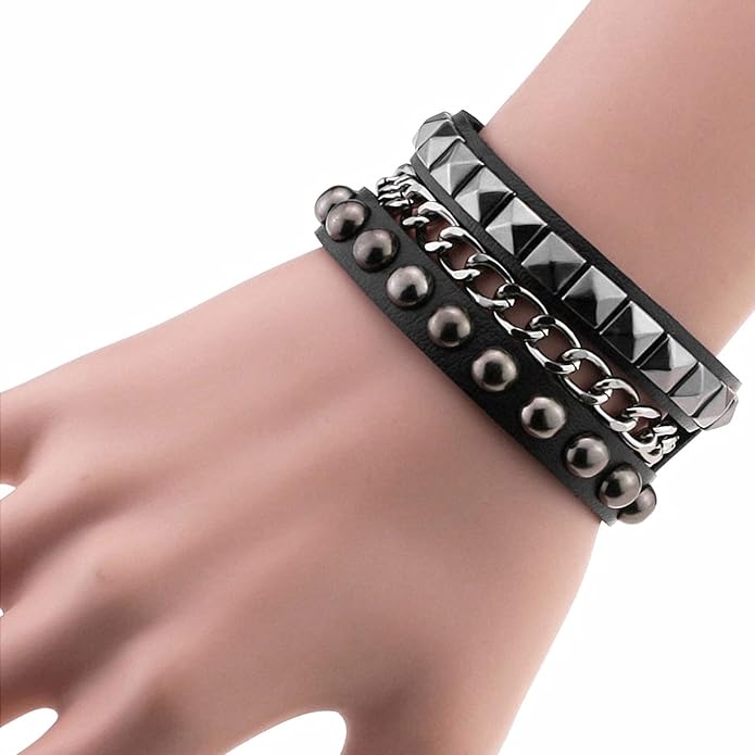 Perfect 4U Rivet Bracelet Multilayer Black Leather Cuff Heart Pendant Bangle Studded Chain Wrist Punk Sports Rock Bracelet Adjustable